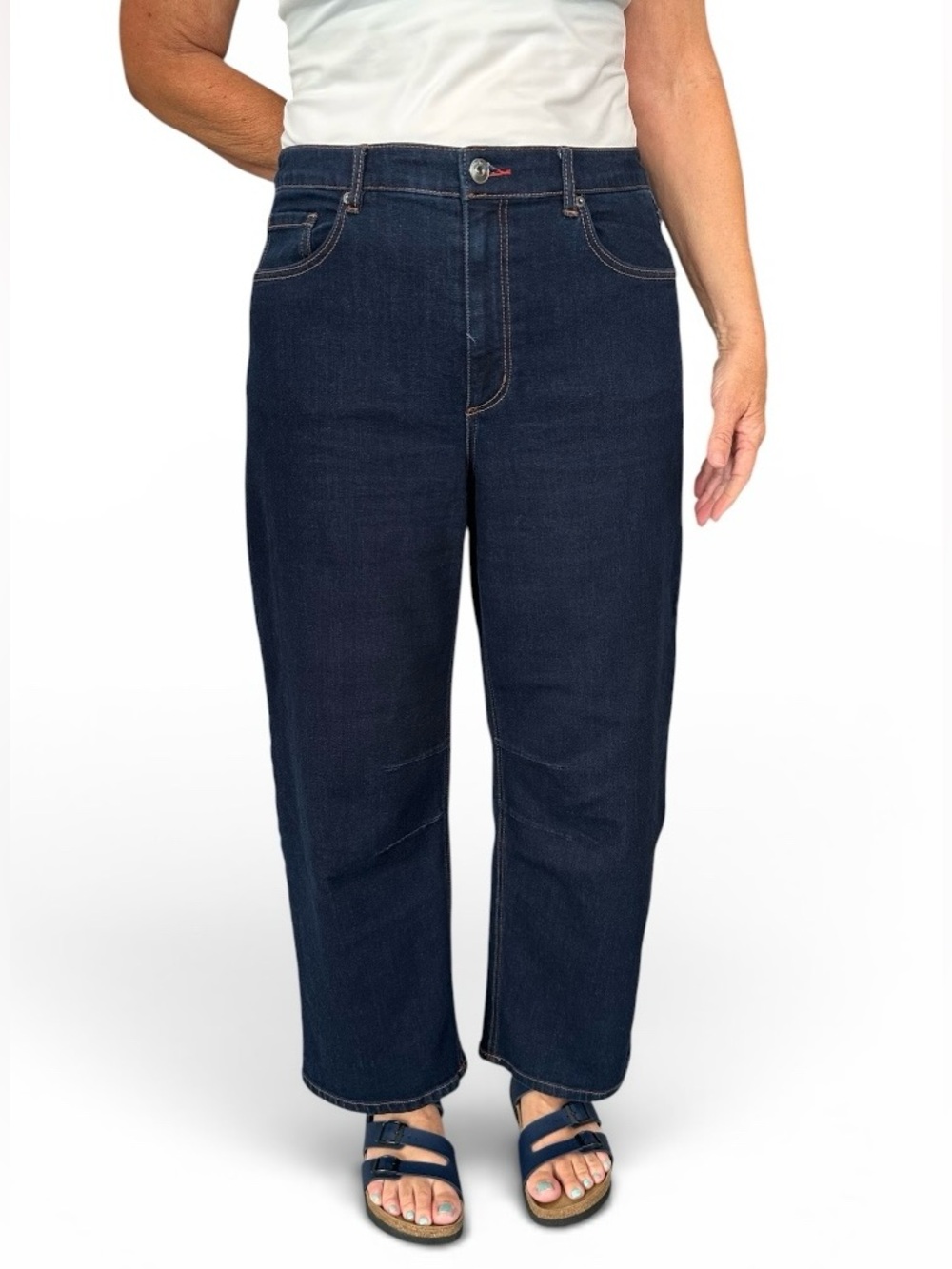 Peace Love World Barrel Leg Cropped Jeans Dark Wash Stretch Denim Size Med